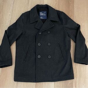 American Eagle Black Wool Blend Lined Double Breasted Peacoat Jacket Mens Large